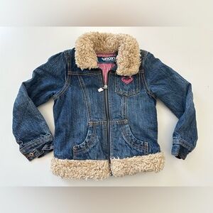 Vintage Girls ROXY Shaggy Faux Fur Lined Collar Zip Up Denim Jean Jacket Size 5